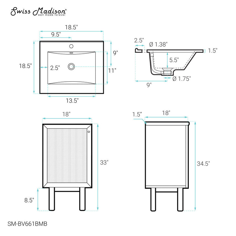 Swiss Madison Classe 18 in. Black Oak Bathroom Vanity With Black Ceramic Sink Top - SM-BV661BMB