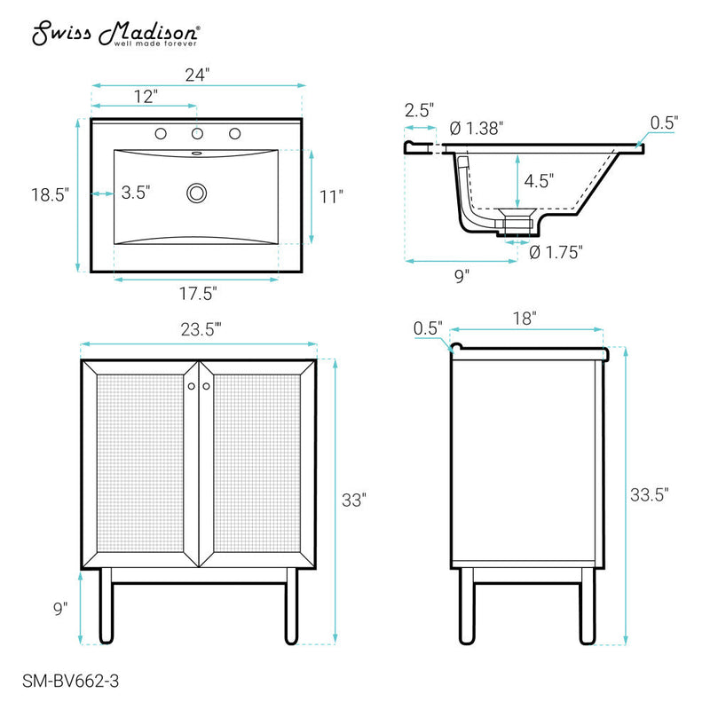 Swiss Madison Classe 24 in. Oak Bathroom Vanity With White, 3-Hole Ceramic Sink Top - SM-BV662-3