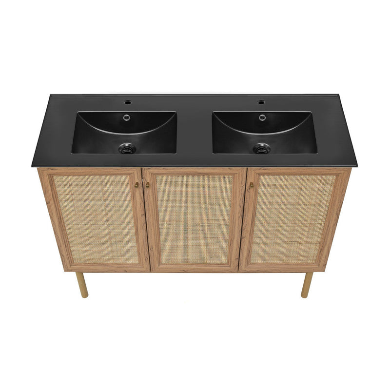 Swiss Madison Classe 48 in. Brown Oak, Double Basin Bathroom Vanity With Black Ceramic Sink Top - SM-BV665DMB