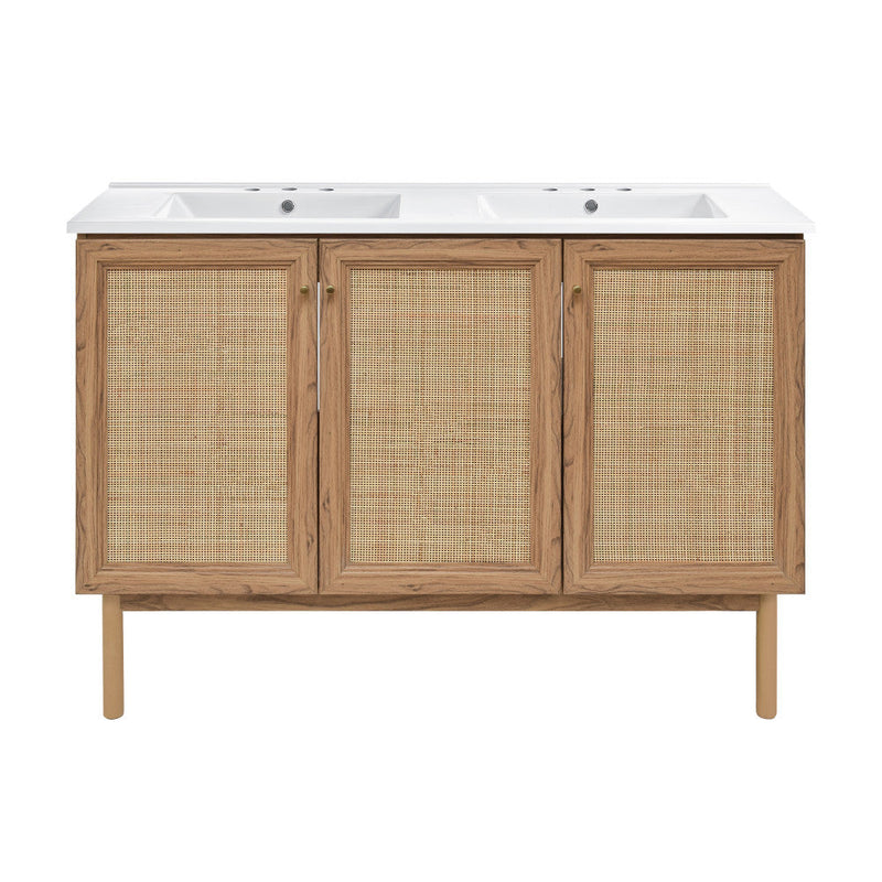 Swiss Madison Classe 48 in. Brown Oak, Double Basin Bathroom Vanity With White, 3-Hole Ceramic Sink Top - SM-BV665D-3