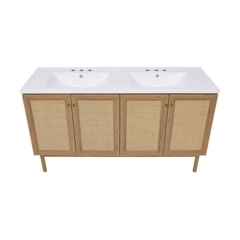Swiss Madison Classe 60 in. Brown Oak, Double Basin Bathroom Vanity With White, 3-Hole Artificial Stone Sink Top - SM-BV666D-3