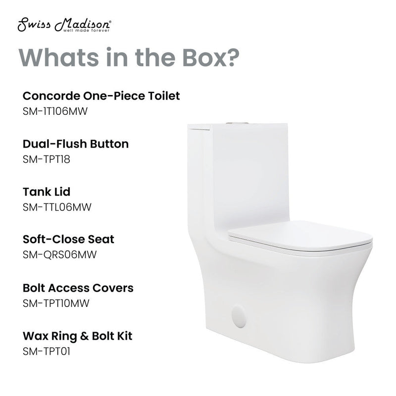 Swiss Madison Concorde One Piece Square Toilet Dual Flush 1.1/1.6 gpf in Matte White - SM-1T106MW