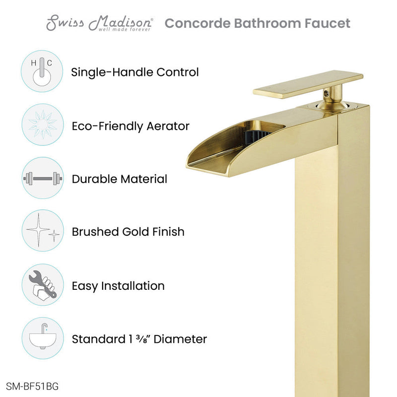 Swiss Madison Concorde Single Hole, Single-Handle, High Arc Waterfall, Bathroom Faucet in Brushed Gold - SM-BF51BG
