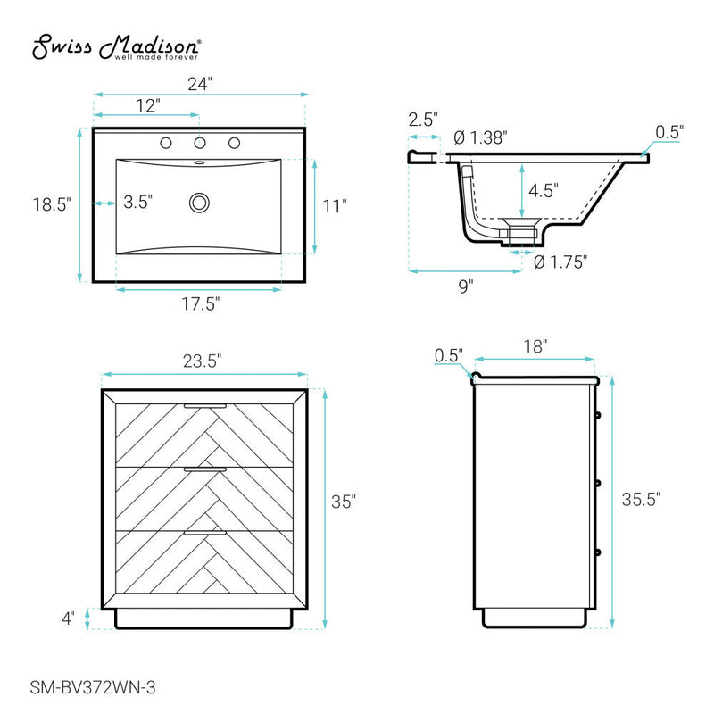 Swiss Madison Daxton 24 in. Brown Walnut Bathroom Vanity With White, 3-Hole Ceramic Sink Top - SM-BV372WN-3