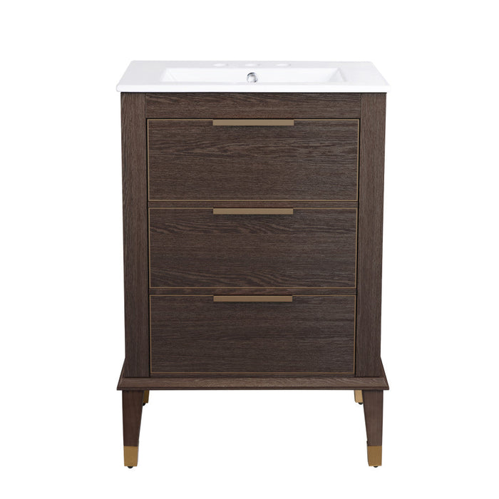Swiss Madison Hugo 24 in. Brown Oak Bathroom Vanity With White, 3-Hole Ceramic Sink Top - SM-BV390-3
