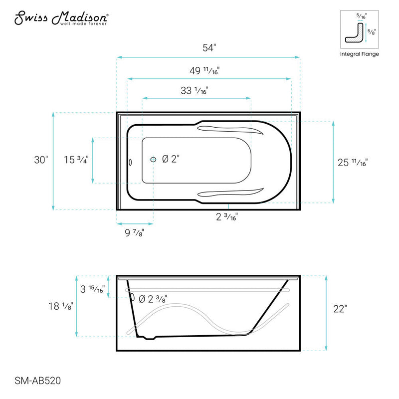 Swiss Madison Ivy 54'' x 30" Bathtub with Apron Left Hand Drain in White - SM-AB520