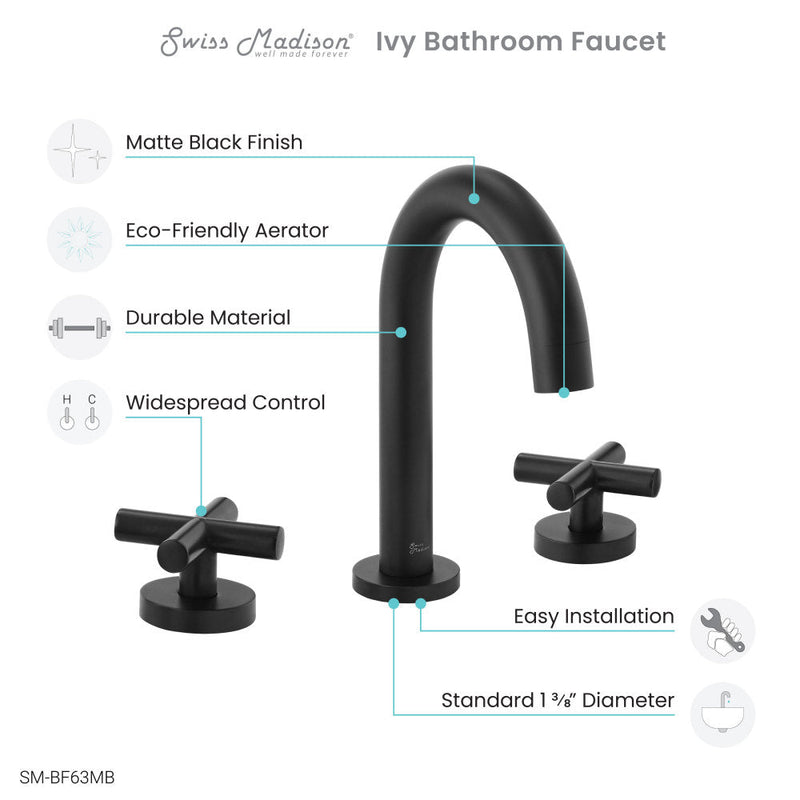 Swiss Madison Ivy Courte 8 in. Widespread, Cross Handle, Bathroom Faucet in Matte Black - SM-BF63MB