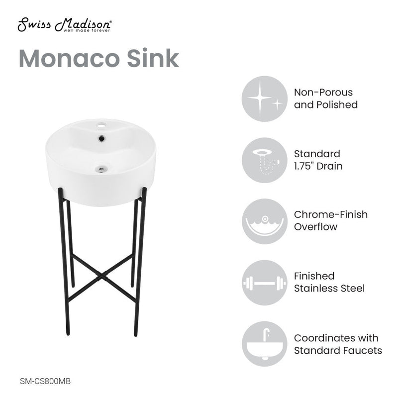 Swiss Madison Monaco 15.75" Round Console Sink with Faucet Mount, White Basin Matte Black Legs - SM-CS800MB