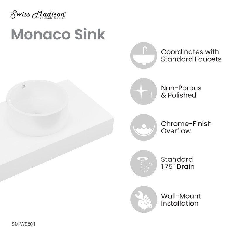 Swiss Madison Monaco 36" Floating Bathroom Shelf with Vessel Sink in Glossy White - SM-WS601