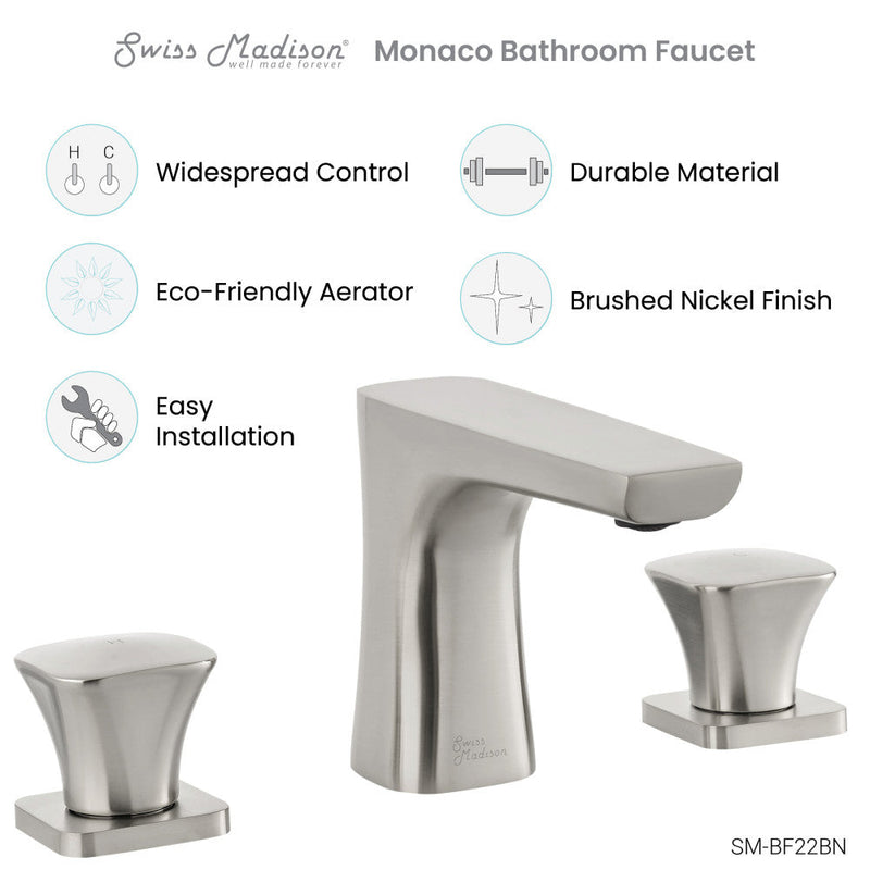 Swiss Madison Monaco 8 in. Widespread, 2-Handle, Bathroom Faucet in Brushed Nickel - SM-BF22BN