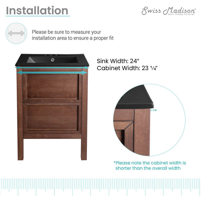 Swiss Madison Nadar 24 in. Brown Walnut Bathroom Vanity With Black, 3-Hole Ceramic Sink Top - SM-BV371WN-3MB