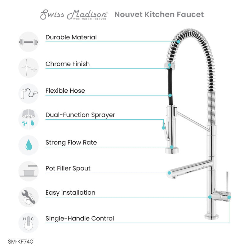 Swiss Madison Novuet Single Handle, Pull-Down Kitchen Faucet with Pot Filler in Chrome - SM-KF74C