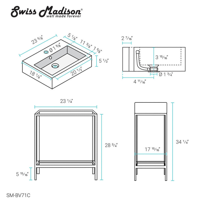 Swiss Madison Pierre 24 Single, Freestanding, Open Shelf, Chrome Metal Frame Bathroom Vanity - SM-BV71C