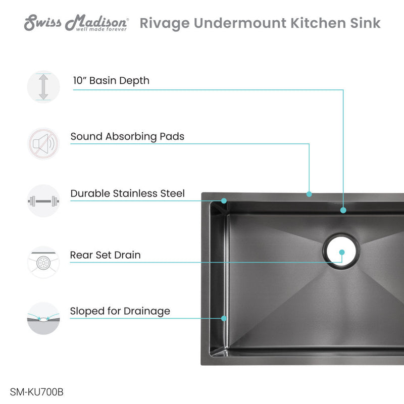 Swiss Madison Rivage 30 x 18 Stainless Steel, Single Basin, Undermount Kitchen Sink,Black - SM-KU700B