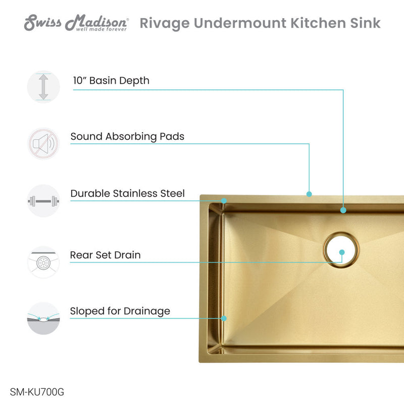 Swiss Madison Rivage 30 x 18 Stainless Steel, Single Basin, Undermount Kitchen Sink, Gold - SM-KU700G