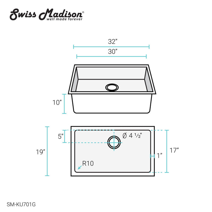 Swiss Madison Rivage 32 x 19 Stainless Steel, Single Basin, Undermount Kitchen Sink, Gold - SM-KU701G