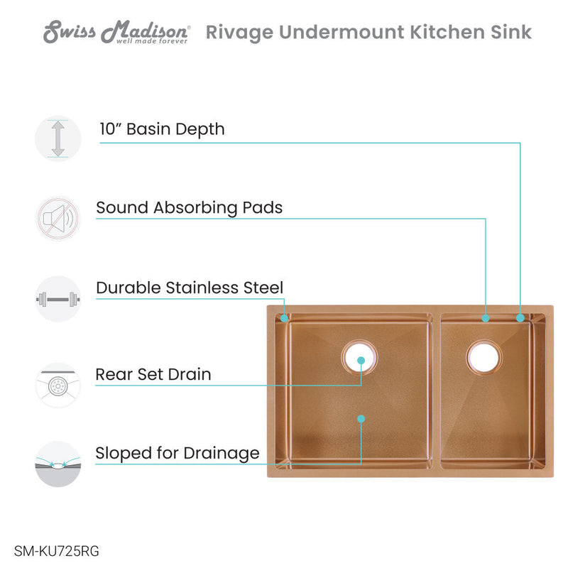 Swiss Madison Rivage 33 x 20 Stainless Steel, Dual Basin, Undermount Kitchen Sink in Rose Gold - SM-KU725RG