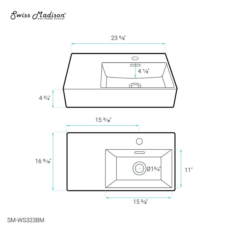 Swiss Madison St. Tropez 24 x 18 Ceramic Wall Hung Sink with Right Side Mount, Matte Black - SM-WS323MB