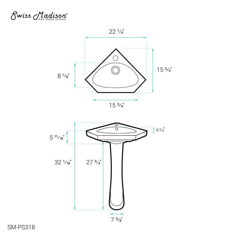 Swiss Madison St.Tropez Corner Two-Piece Pedestal Sink - SM-PS318