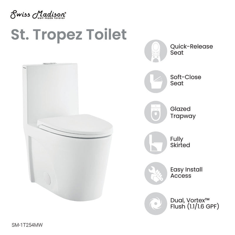 Swiss Madison St. Tropez One-Piece Elongated Toilet Vortex Dual-Flush in Matte White 1.1/1.6 gpf - SM-1T254MW