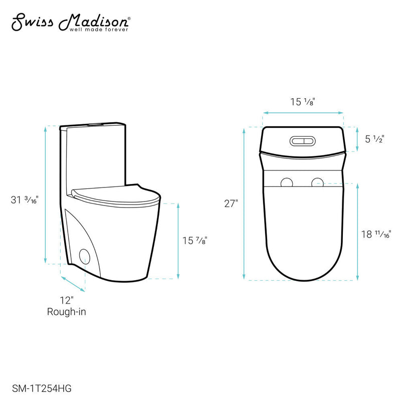 Swiss Madison St. Tropez One Piece Elongated Toilet Dual Vortex Flush, Gold Hardware - SM-1T254HG