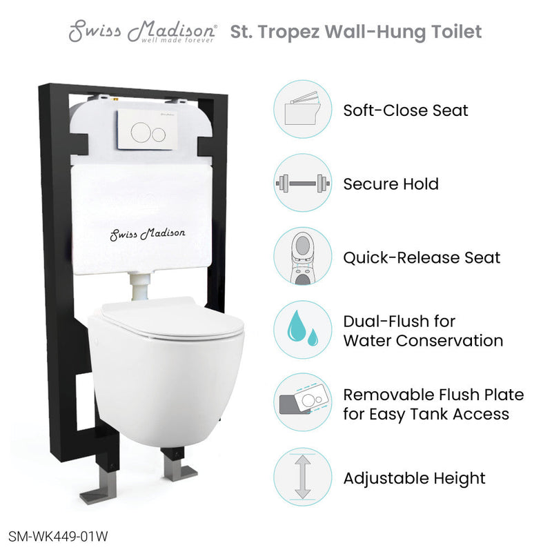 Swiss Madison Swiss Madison Well Made Forever SM-WK449-01W - St. Tropez Wall Hung Toilet Bundle, Glossy White - SM-WK449-01W