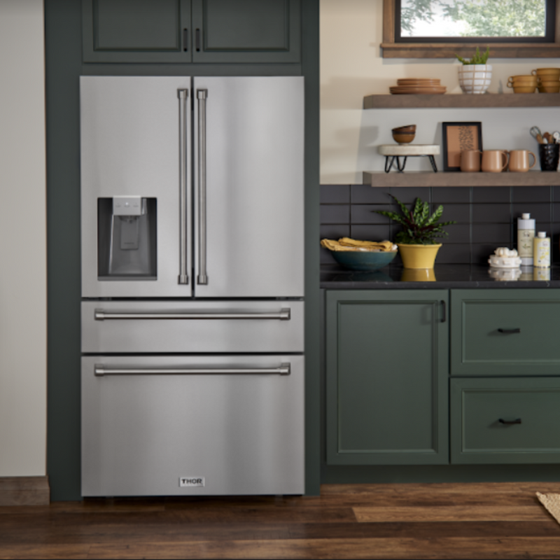 Thor Kitchen - 36 In. Counter Depth Refrigerator in Stainless Steel with Water Dispenser, Ice Maker - TRF3601FD