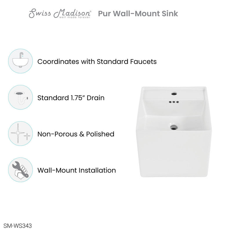 Swiss Madison Pur 16.5" Square Wall-Mount Bathroom Sink - SM-WS343