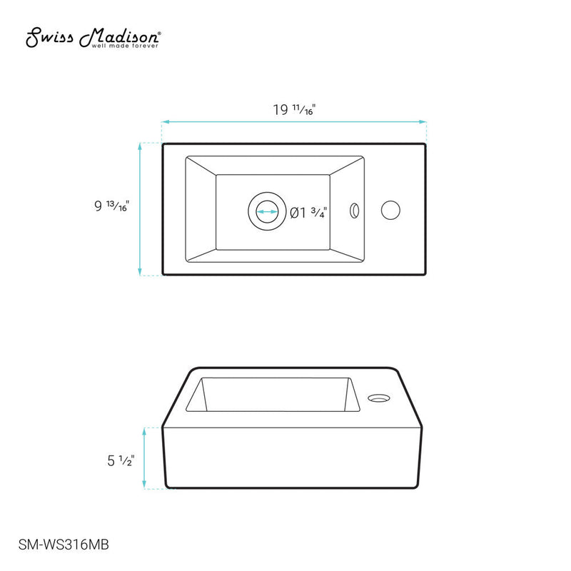 Swiss Madison Voltaire 19.5 x 10 Rectangular Ceramic Wall Hung Sink with Right Side Faucet Mount, Matte Black - SM-WS316MB