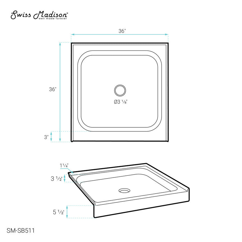 Swiss Madison Voltaire 36" x 36" Acrylic White, Single-Threshold, Center Drain, Shower Base - SM-SB511