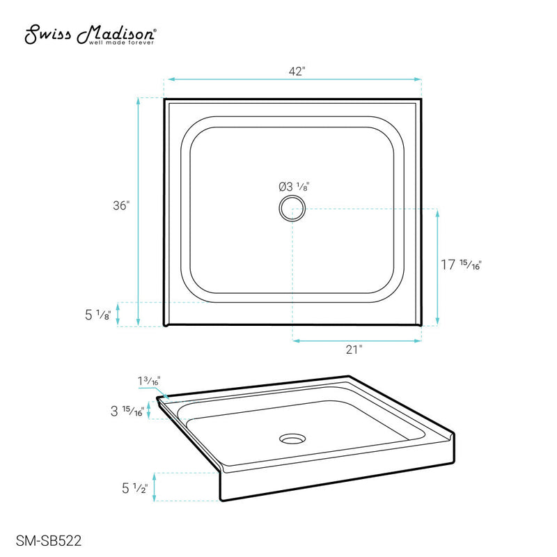 Swiss Madison Voltaire 42" x 36" Acrylic White, Single-Threshold, Center Drain, Shower Base - SM-SB522