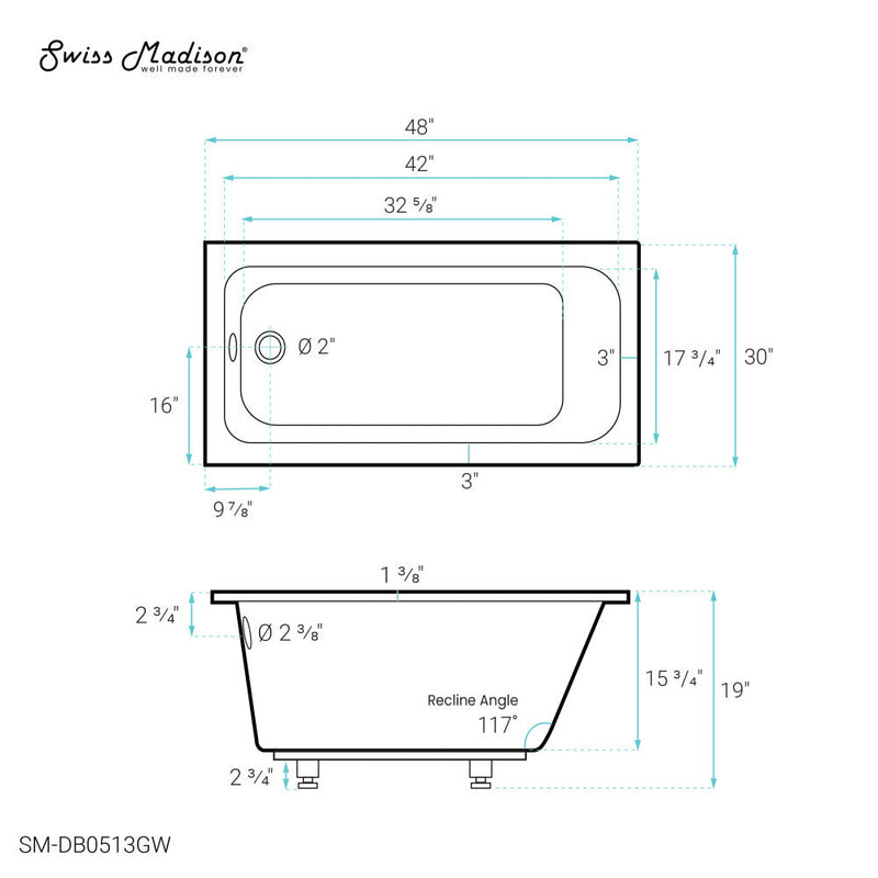 Swiss Madison Voltaire 48" x 30" Reversible Drain Drop-In Bathtub - SM-DB0513GW