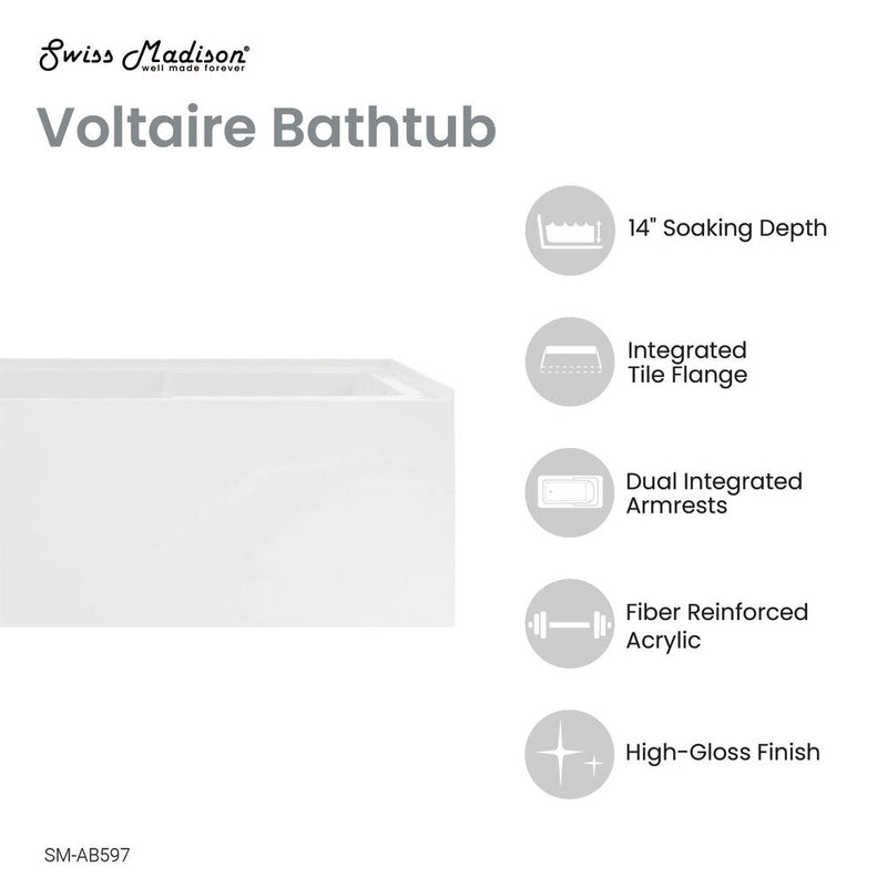 Swiss Madison Voltaire 48" x 30" Right-Hand Drain Alcove Integrated Armrest Bathtub with Apron - SM-AB597