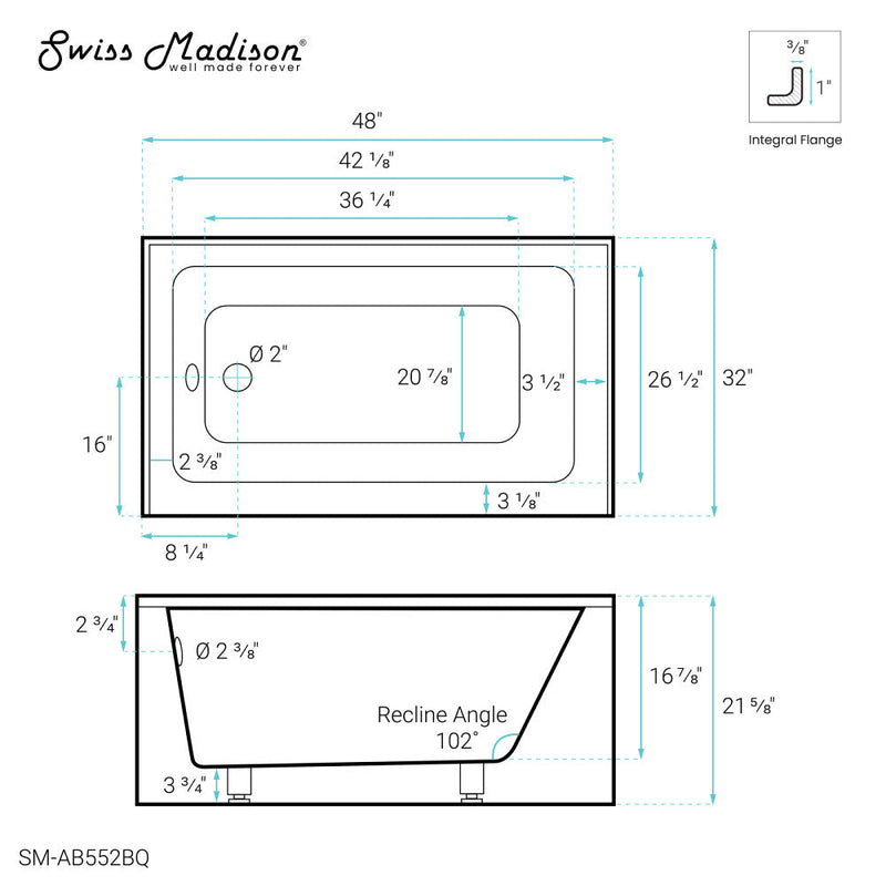 Swiss Madison Voltaire 48" x 32" Left-Hand Drain Alcove Bathtub with Apron in Bisque - SM-AB552BQ