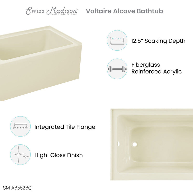 Swiss Madison Voltaire 48" x 32" Left-Hand Drain Alcove Bathtub with Apron in Bisque - SM-AB552BQ