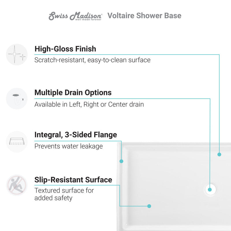 Swiss Madison Voltaire 48" x 36" Acrylic White, Single-Threshold, Left Drain, Shower Base - SM-SB508
