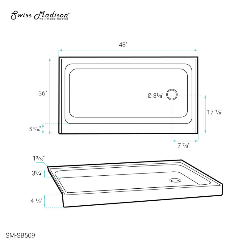 Swiss Madison Voltaire 48" x 36" Acrylic White, Single-Threshold, Right Drain, Shower Base - SM-SB509
