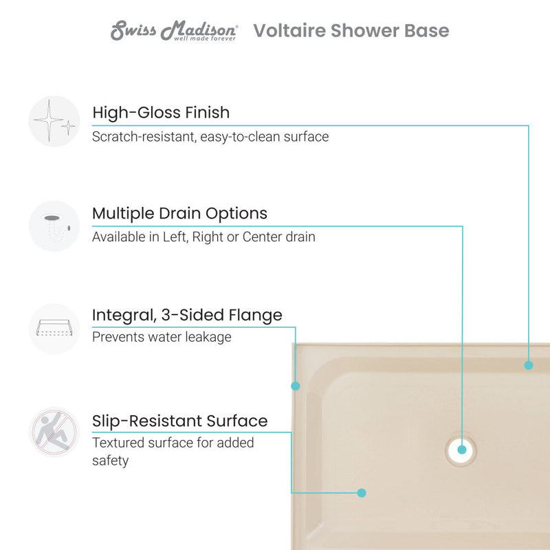 Swiss Madison Voltaire 48" x 36" Single-Threshold, Center Drain, Shower Base in Bisque - SM-SB510V