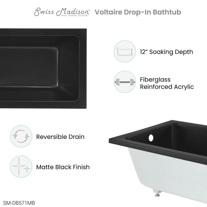 Swiss Madison Voltaire 48" x 32" Reversible Drain Drop-In Bathtub in Matte Black - SM-DB571MB
