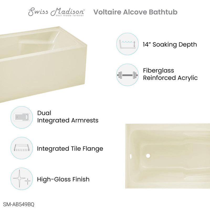 Swiss Madison Voltaire 54" x 30" Left-Hand Drain Alcove Bathtub with Apron in Bisque - SM-AB549BQ