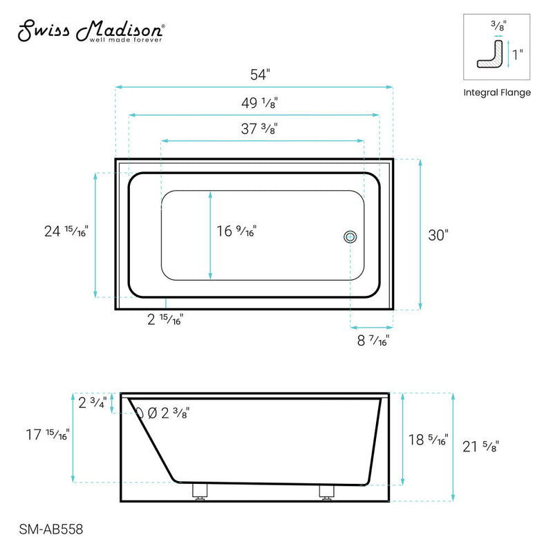 Swiss Madison Voltaire 54" x 30" Right-Hand Drain Alcove Bathtub with Apron - SM-AB558