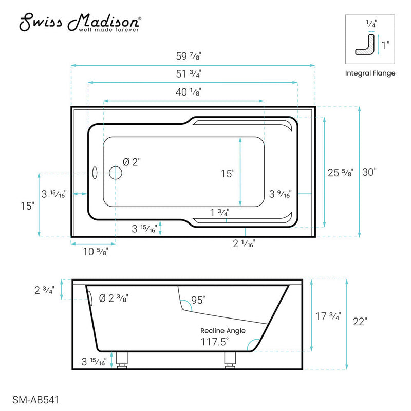 Swiss Madison Voltaire 60" x 30" Left-Hand Drain Alcove Bathtub with Apron and Armrest - SM-AB541