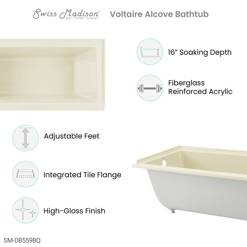 Swiss Madison Voltaire 60" x 30" Left-Hand Drain Alcove Bathtub in Bisque - SM-DB559BQ