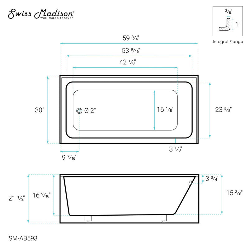 Swiss Madison Voltaire 60" x 30" Left-Hand Drain Alcove Bathtub with Apron - SM-AB593