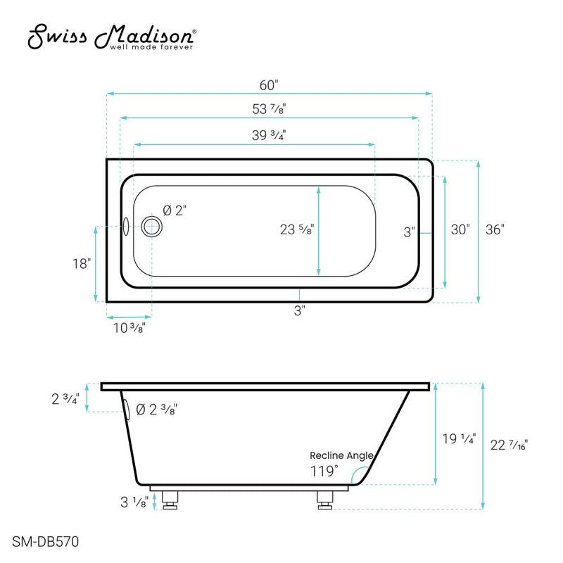 Swiss Madison Voltaire 60" x 36" Reversible Drain Drop-In Bathtub - SM-DB570