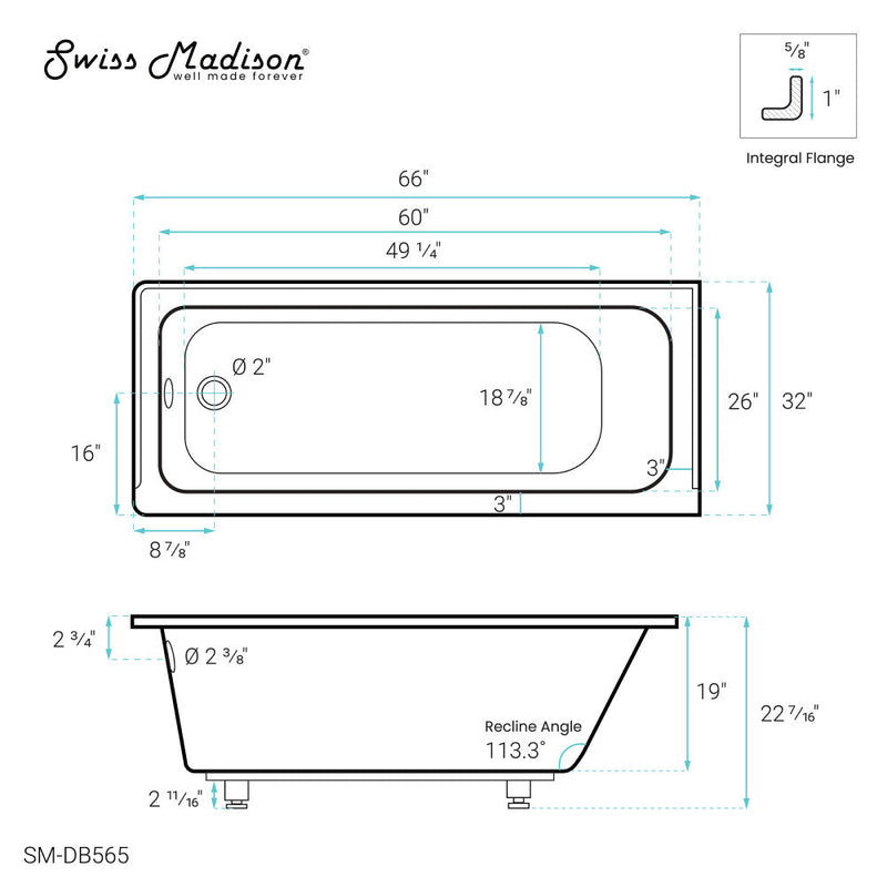 Swiss Madison Voltaire 66" x 32" Left-Hand Drain Alcove Bathtub - SM-DB565