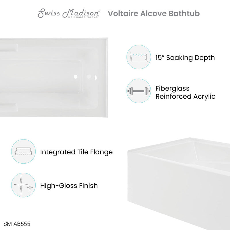 Swiss Madison Voltaire 72" x 36" Right-Hand Drain Alcove Bathtub with Apron and Armrest - SM-AB555