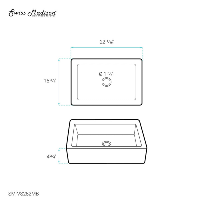 Swiss Madison Voltaire Ceramic Rectangle Vessel Sink, Matte Black - SM-VS282MB